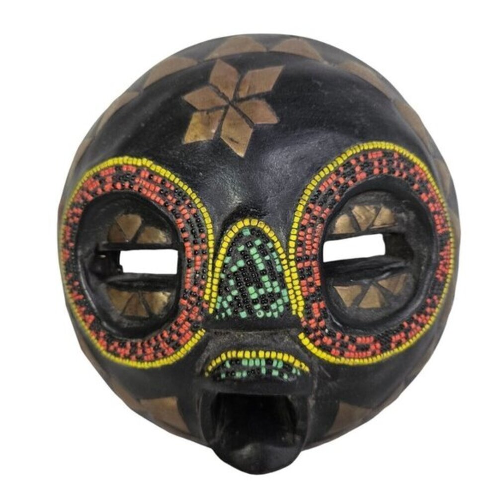 Ghana African Ashanti Mask Beaded Brass Inlay Carved‎ Round Wood Art Sculpture
